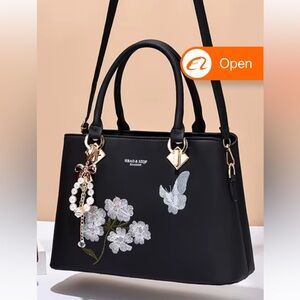 Black Faux Leather Crossbody Purse Embroidered butterfly pearl and flower